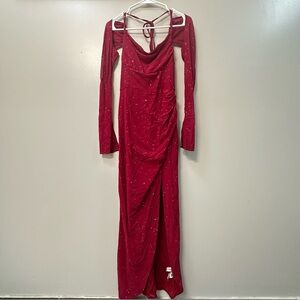 Chic Long Sleeve Red Dress with Sparkle Detail